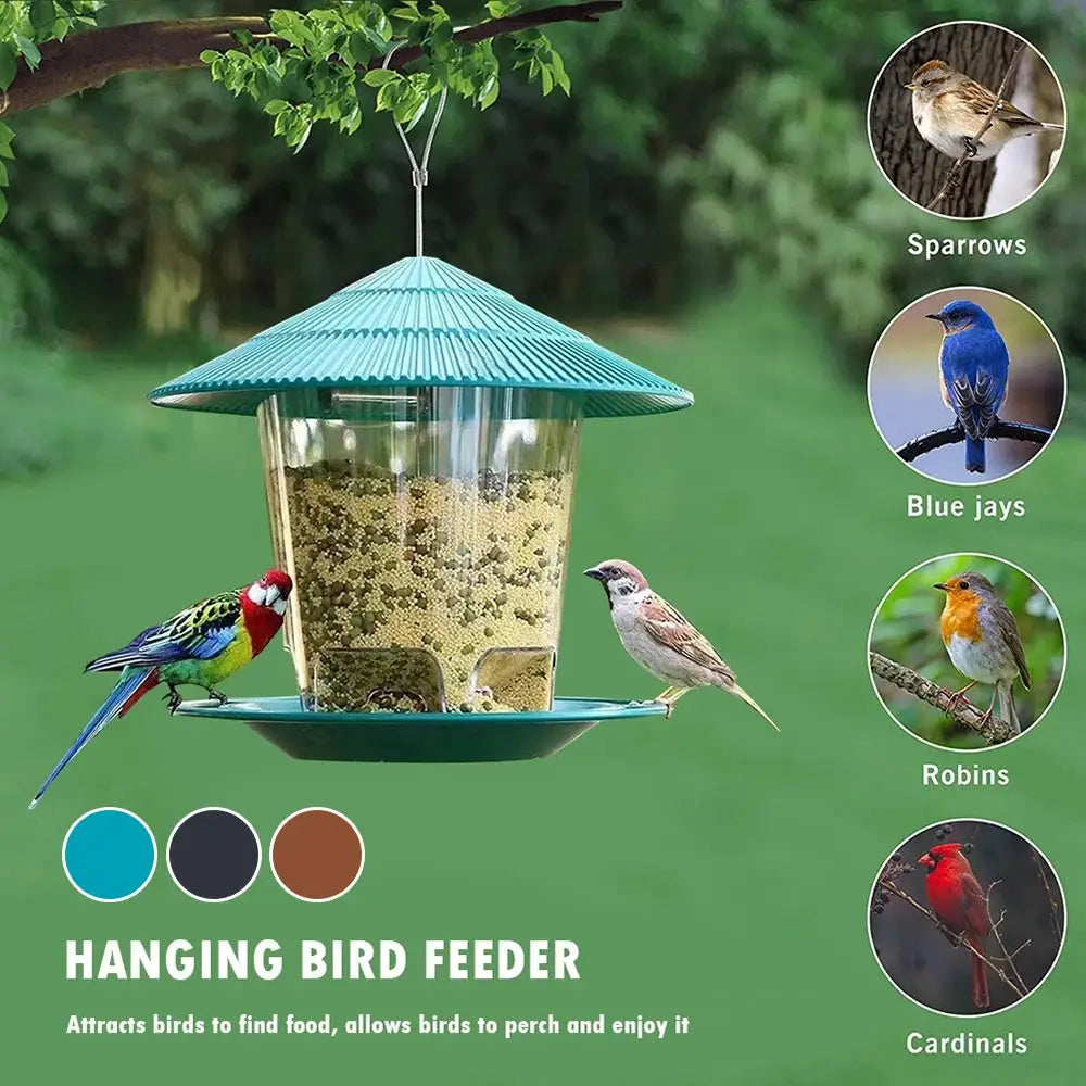 Hanging bird feeder by Simples Market, teal with transparent seed reservoir for outdoor use and multiple feeding holes