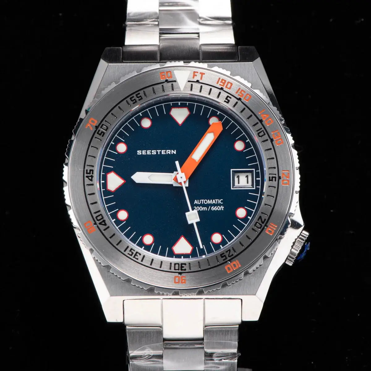 Seestern SUB600T V3 men's dive watch with blue dial and orange accents, stainless steel bracelet, 200m water resistant