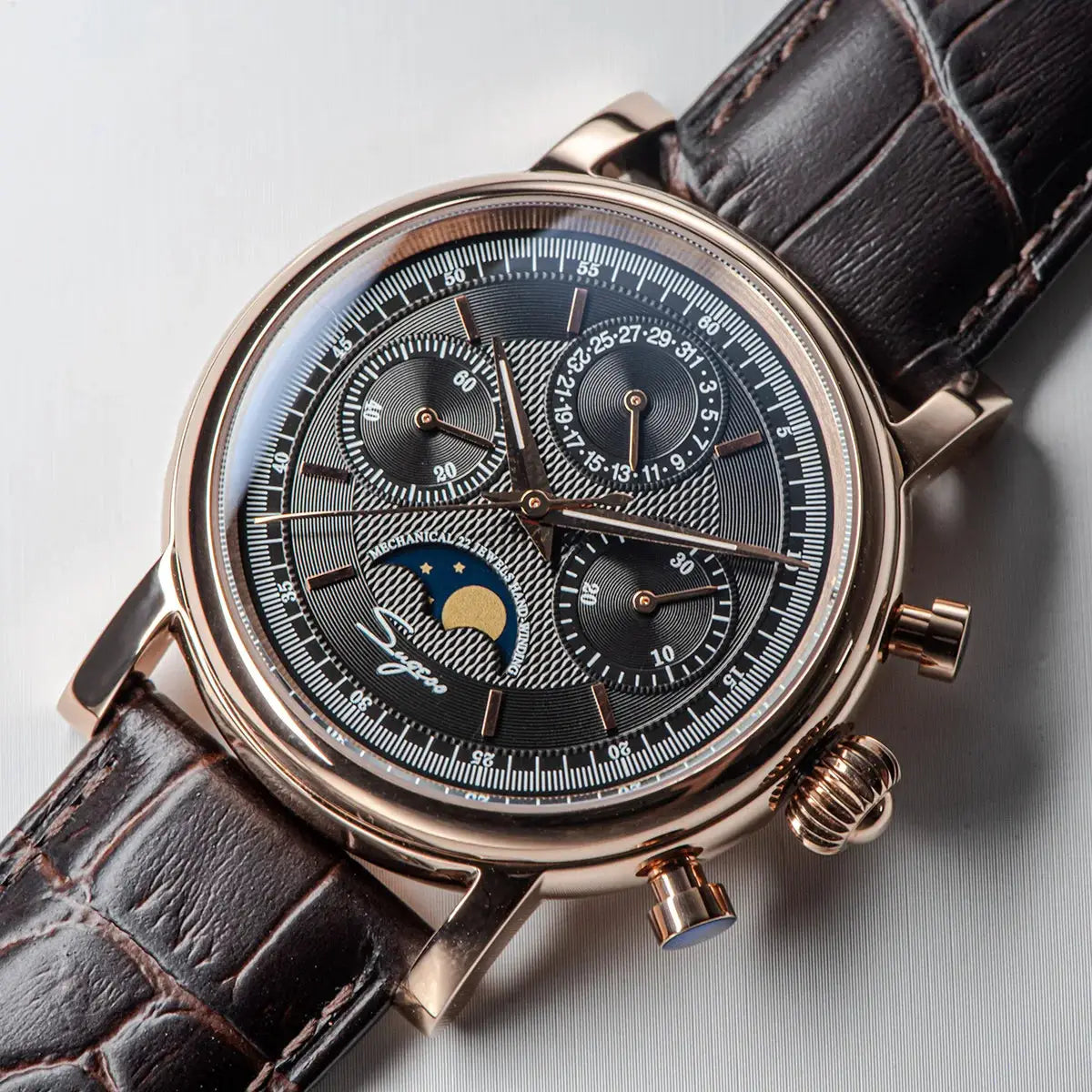 Sugess ST1908 men’s mechanical chronograph watch with moonphase calendar, rose-gold case and brown leather strap