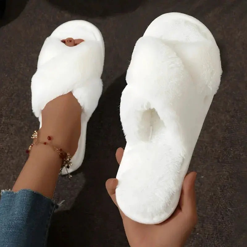 Autumn Fashion Cross Strap Faux Fur Slippers For Women Indoor Light Warm Plush Home Shoes Flat Heel