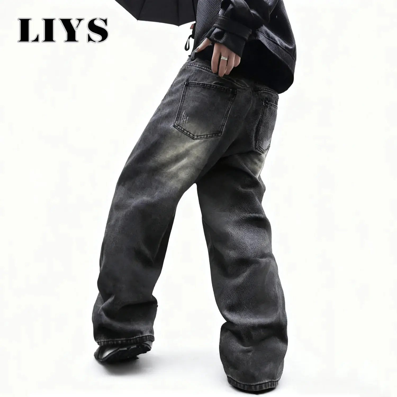 LIYS unisex oversized gray denim jeans with baggy wide-leg silhouette and back pockets