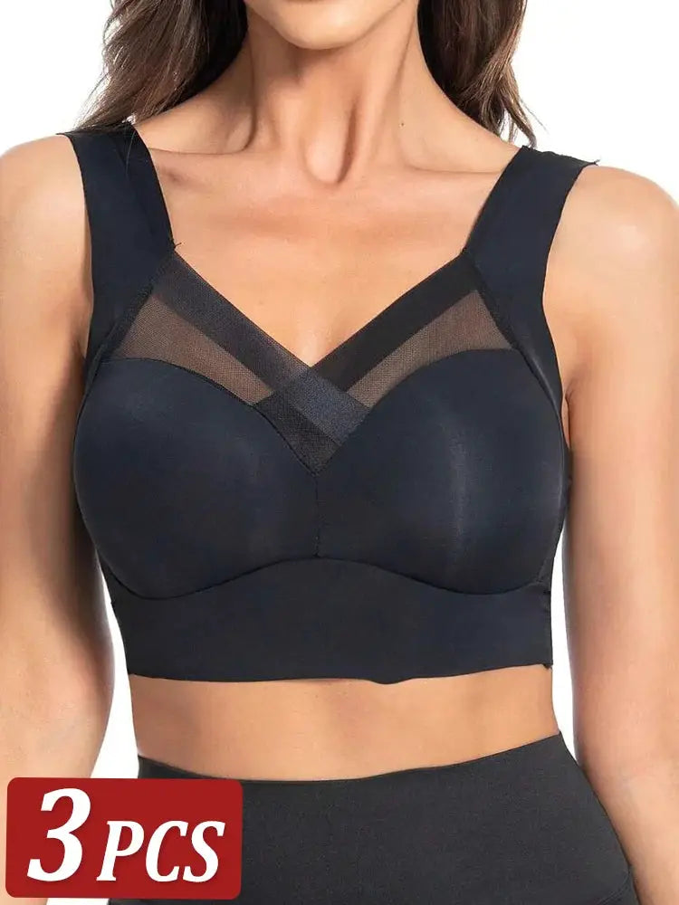 3Pcs black seamless lace bralette set with mesh V-neck panel, wireless