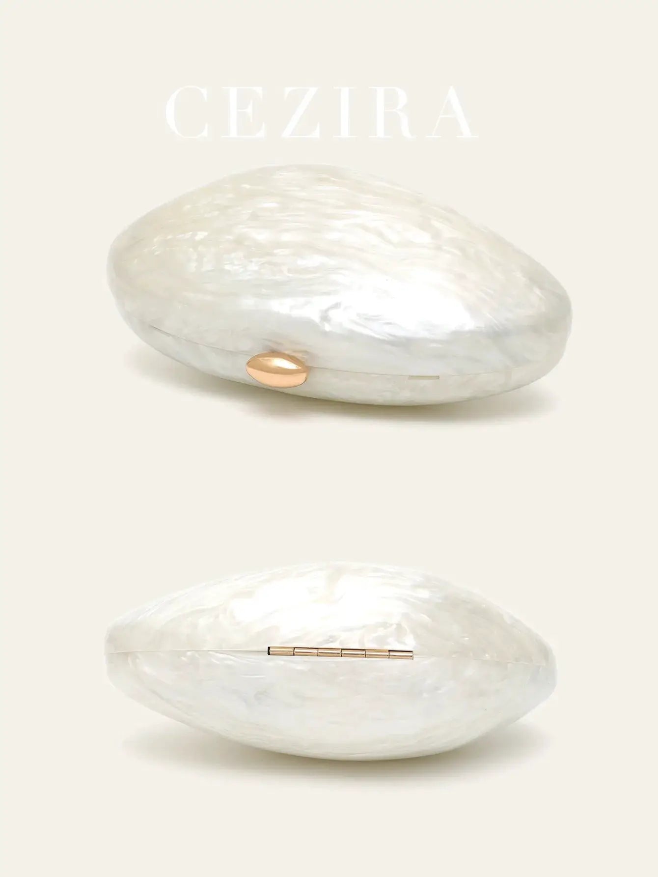 Shell-shaped white pearl acrylic clutch with rose-gold hardware and long chain, CEZIRA evening bag
