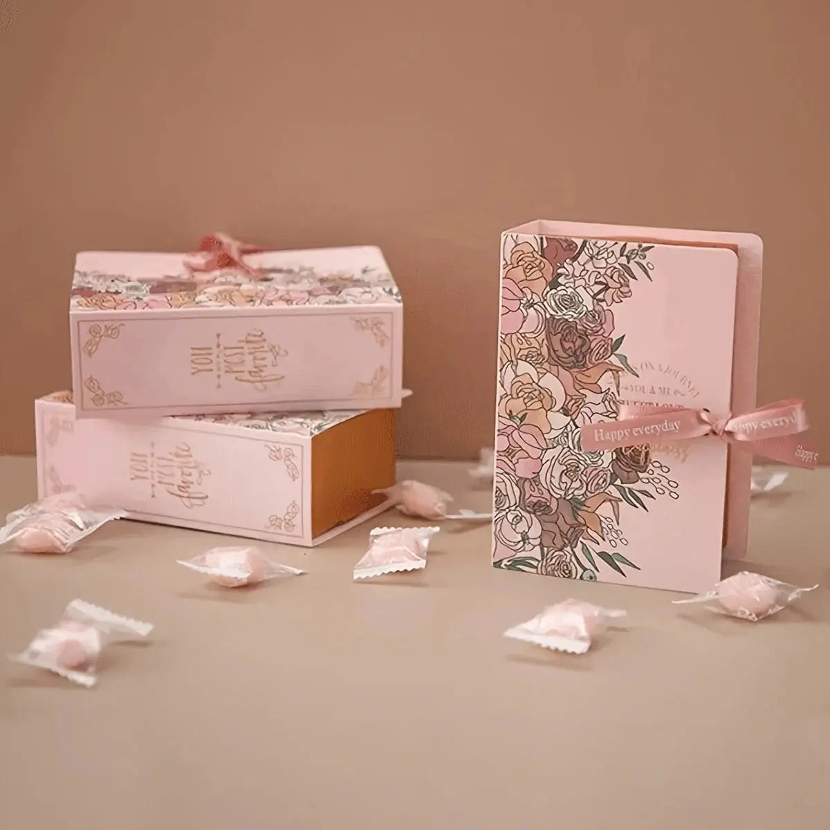 5Pcs book-shaped gift boxes, pink floral print on paperboard with ribbons by Simples Market