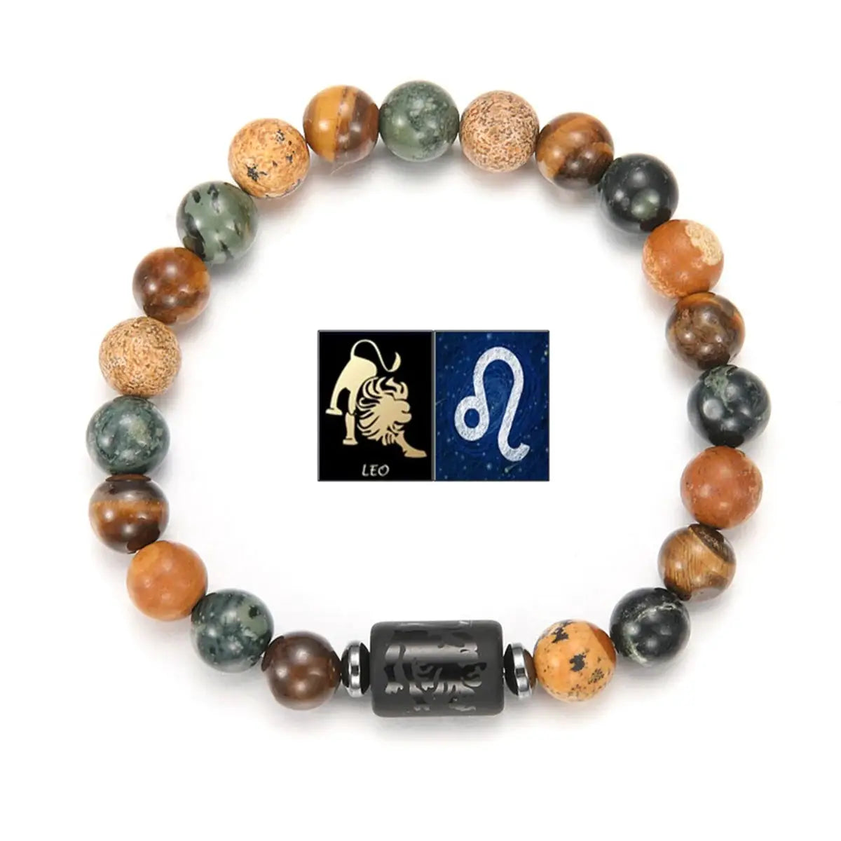 Natural Stone Tiger Eye Picture Jasper Round Beads 12 Constellations Unisex Bracelet