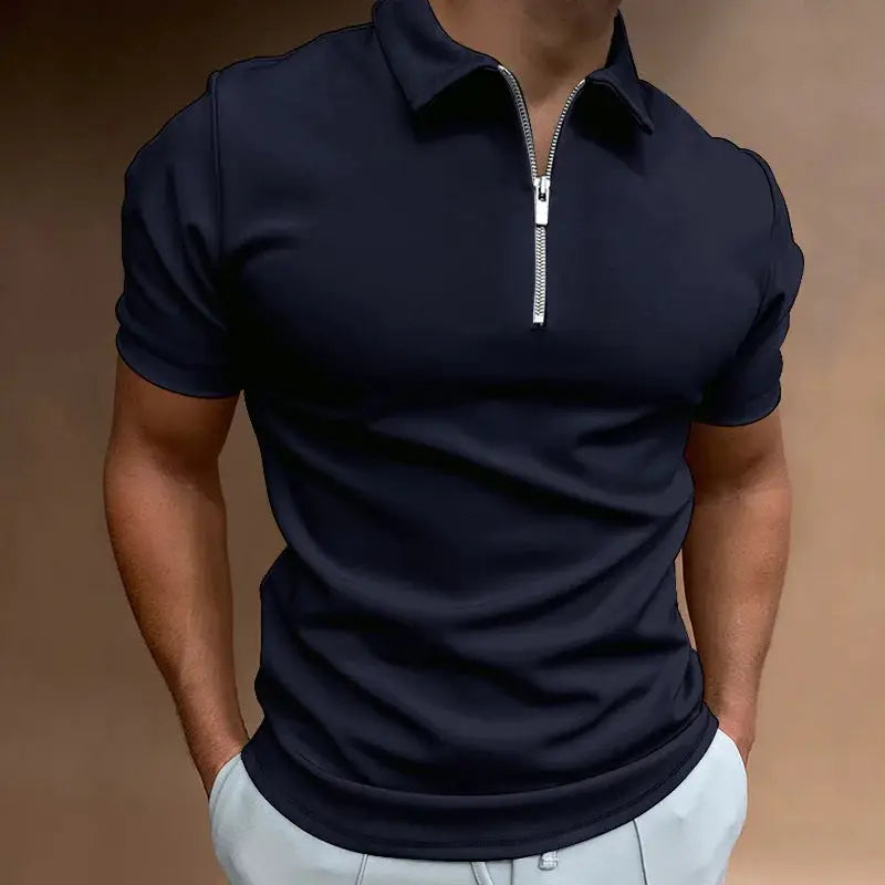 Men's navy polo shirt by Simples Market, short sleeves with zip-front collar.