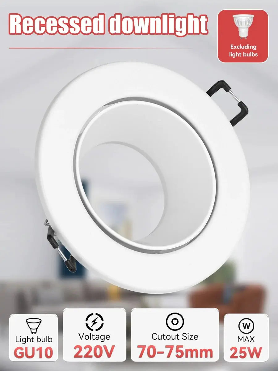 White circular recessed LED downlight with GU10 base, 220V, 70–75mm cutout, 25W max