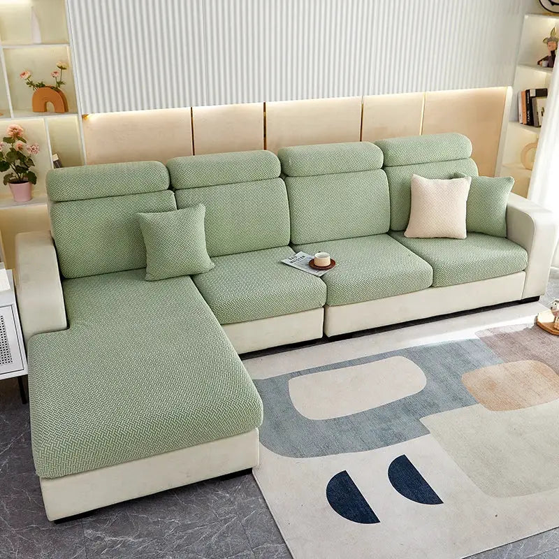 Thickened sofa seat cushion cover in green jacquard, stretch slipcover for sofa