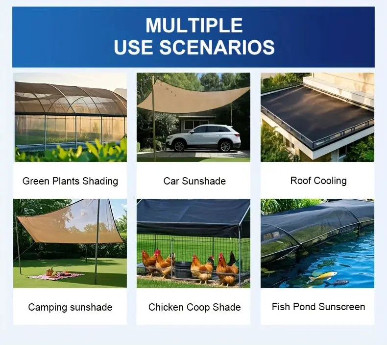 Simples Market garden shade cloth with grommets; six setups shown: greenhouse, car sunshade, roof cooling, camping shade