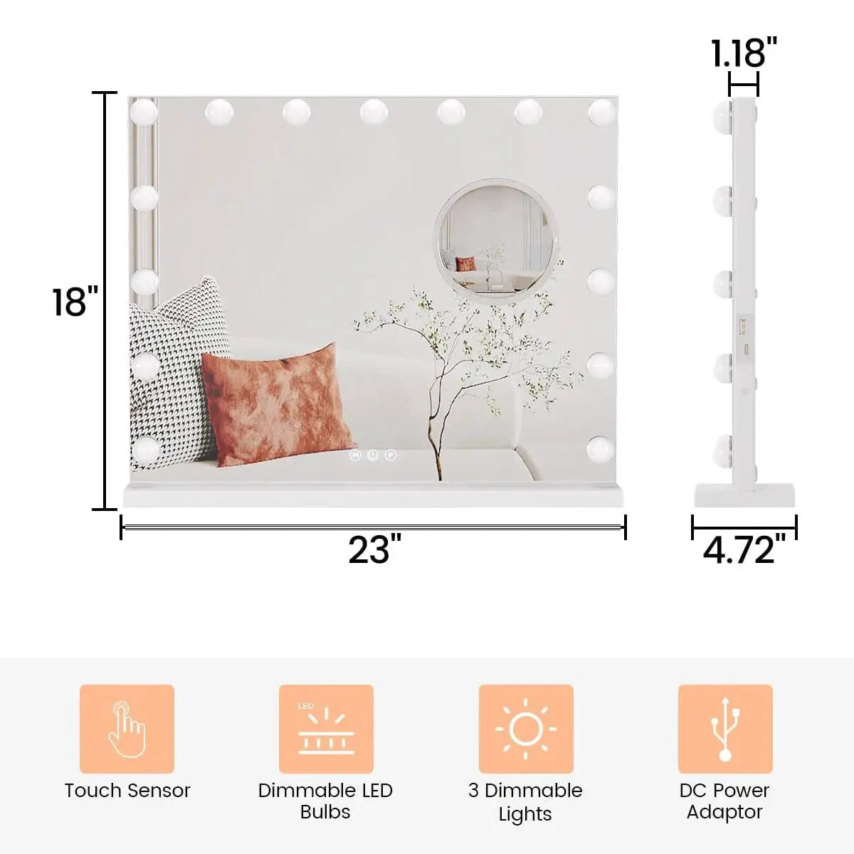 Vanity mirror by Simples Market with adjustable LED lights, 3x magnification, touch controls, and three color modes.