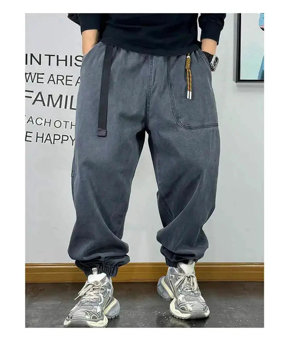 Gray baggy cargo pants for men, Harajuku streetwear with drawstring waist and cuffed ankles
