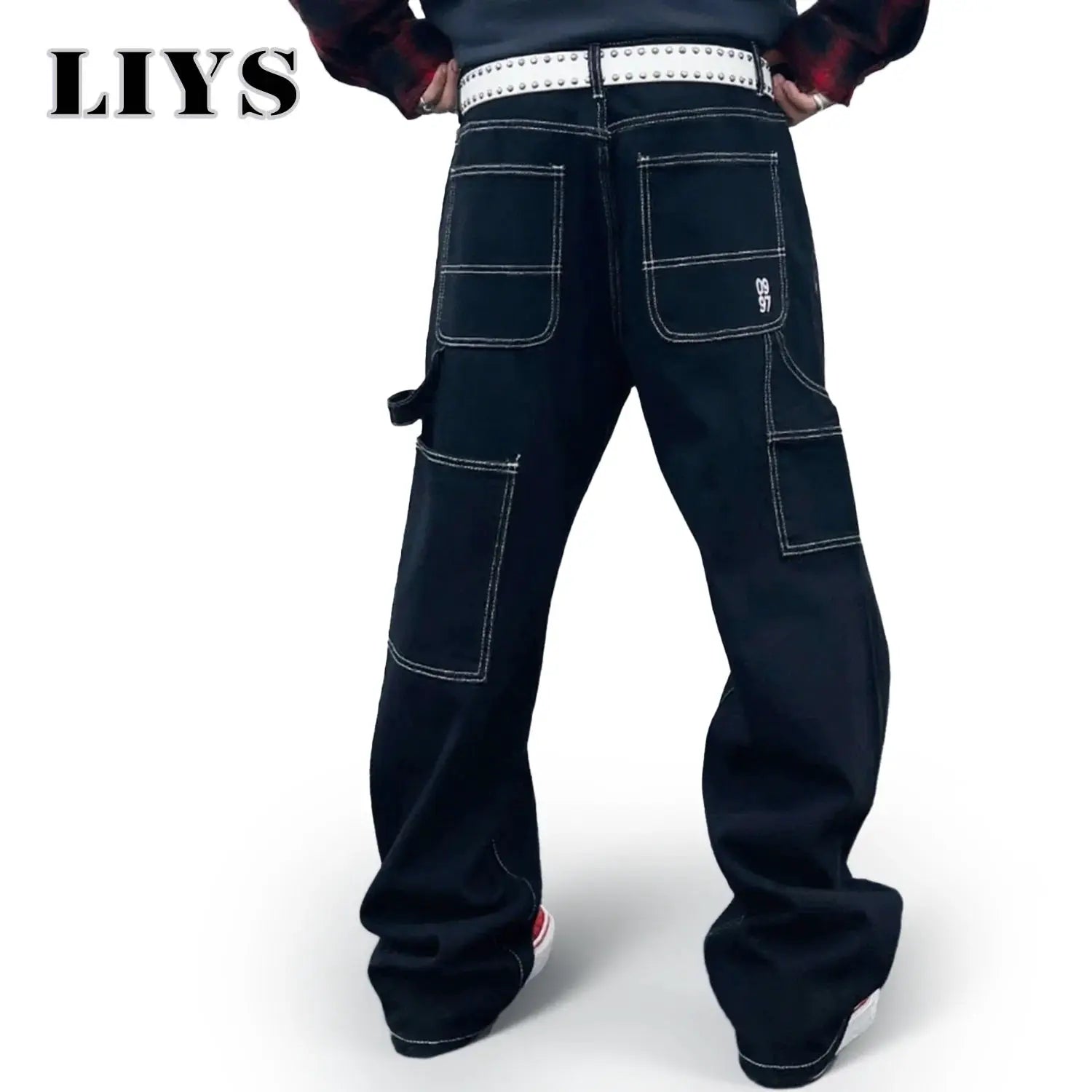 Liys retro black denim work jeans for men with white contrast stitching and cargo pockets