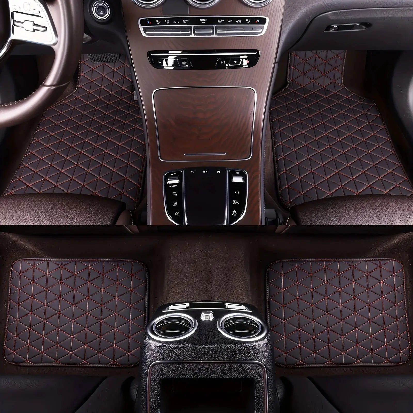 4-piece waterproof PU leather car floor mats in brown diamond-quilted pattern with orange stitching