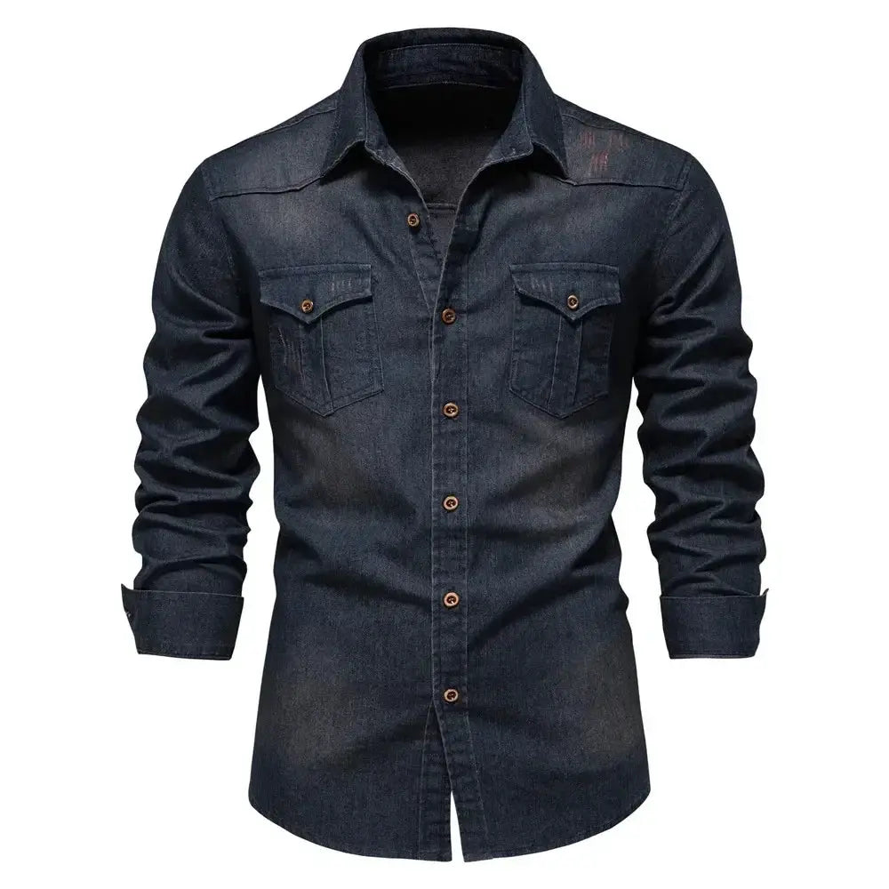 Men's dark indigo denim shirt, long sleeves, button-front, with two chest flap pockets