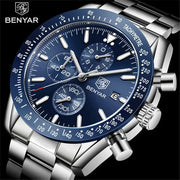 Men's BENYAR stainless steel watch with blue dial, chronograph and tachymeter bezel