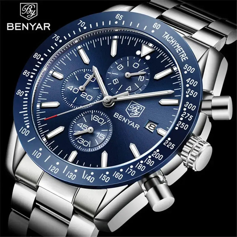 Men's BENYAR stainless steel watch with blue dial, chronograph and tachymeter bezel