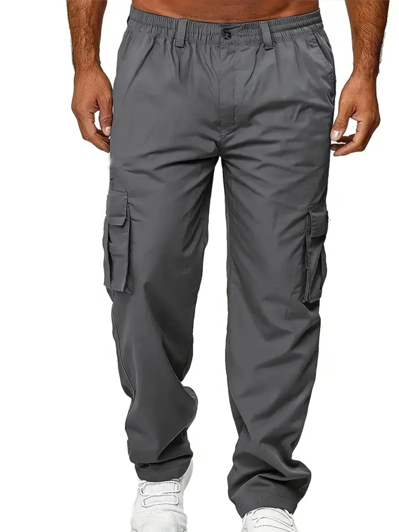 Men's gray cargo pants by Simples Market with multi-pocket design for outdoor workwear