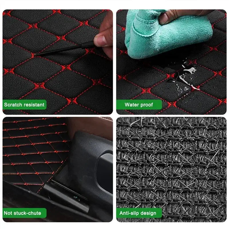 Car floor mats 4pcs universal PU leather waterproof set for front/rear by Simples Market, black with red stitching
