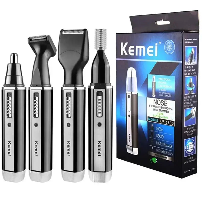 Kemei 4-in-1 nose/ear/hair/beard trimmer set; rechargeable, silver and black grooming kit with box