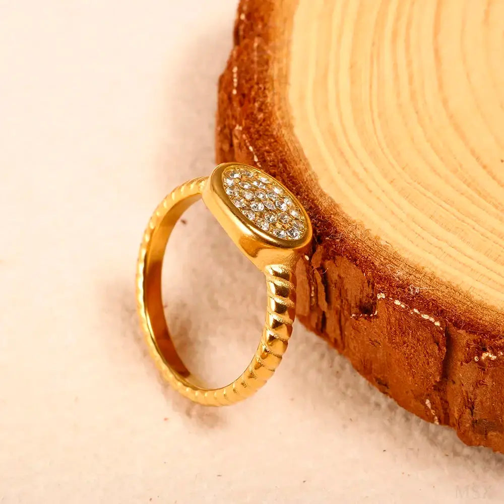 Gold Stainless Steel Ring With Round Bead And Clear Crystal Zircon Waterproof Everyday Fine Jewelry