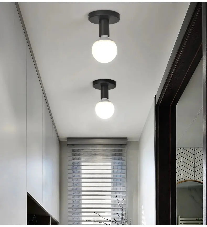 Minimalist black E27 ceiling light, 2-globe fixtures in modern Nordic retro iron style for living room and hall.