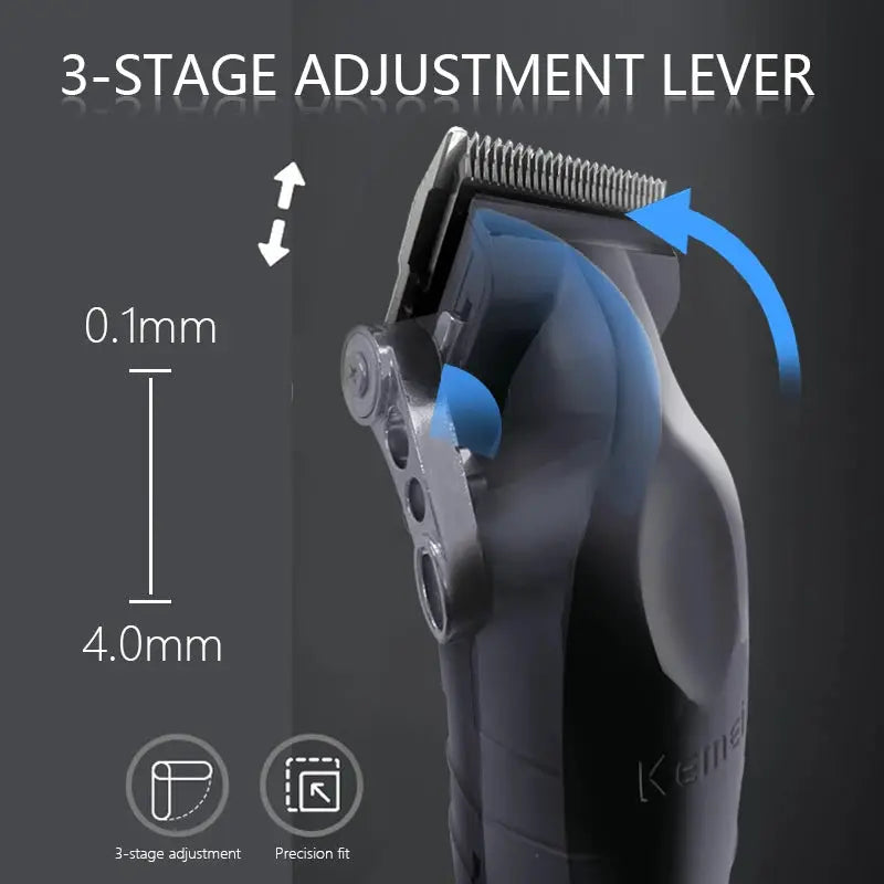 Kemei KM-2296 KM-2299 KM-1102 professional hair clipper kit; black/gray body with 3-stage lever