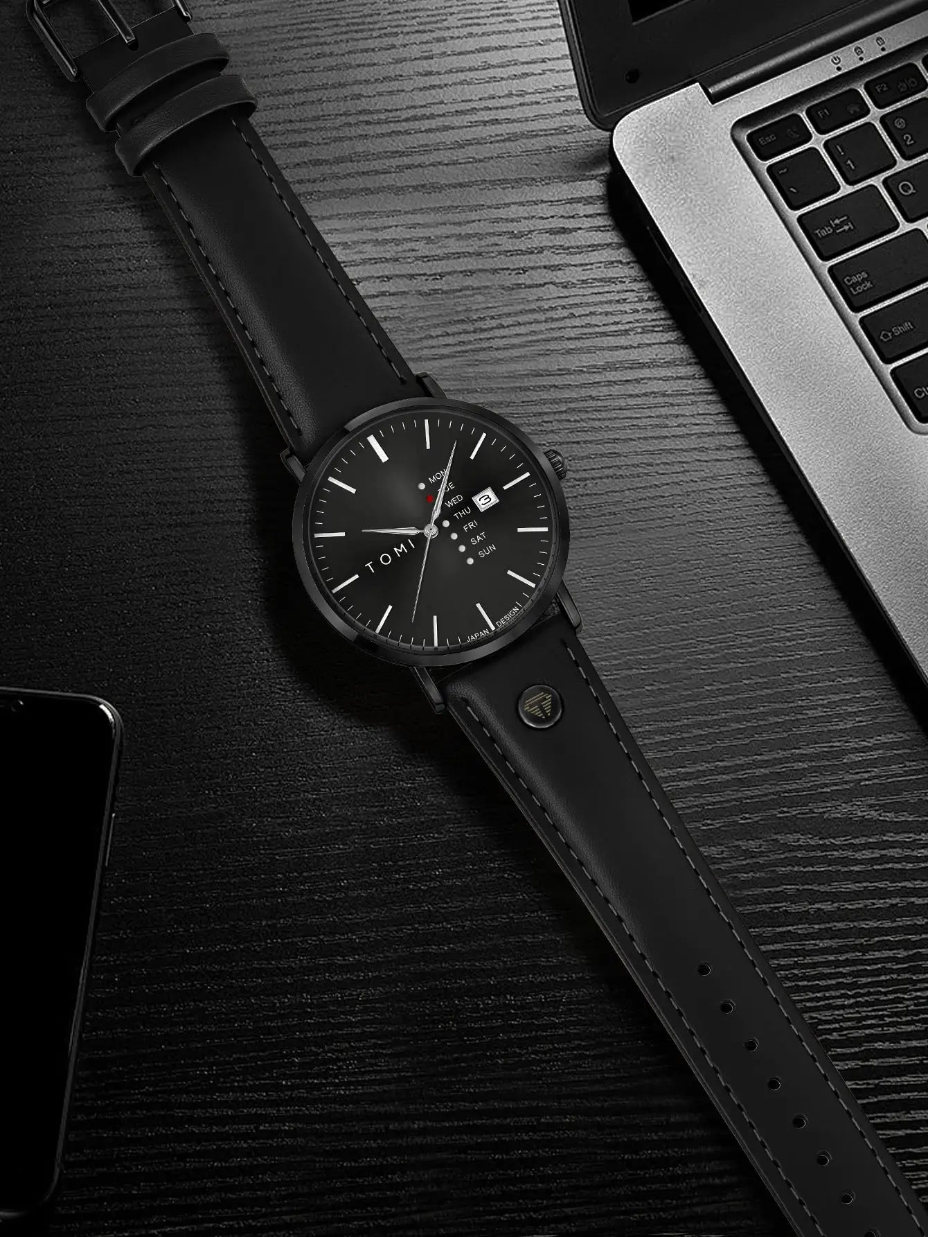TOMI trendy men's watch with black leather strap, black dial, weekday calendar, quartz movement