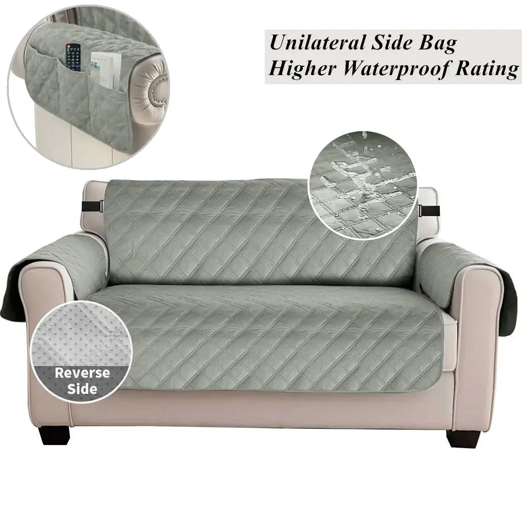 Sofa cover waterproof quilted slipcover for 1–4 seat sofa, grey fabric with elastic strap