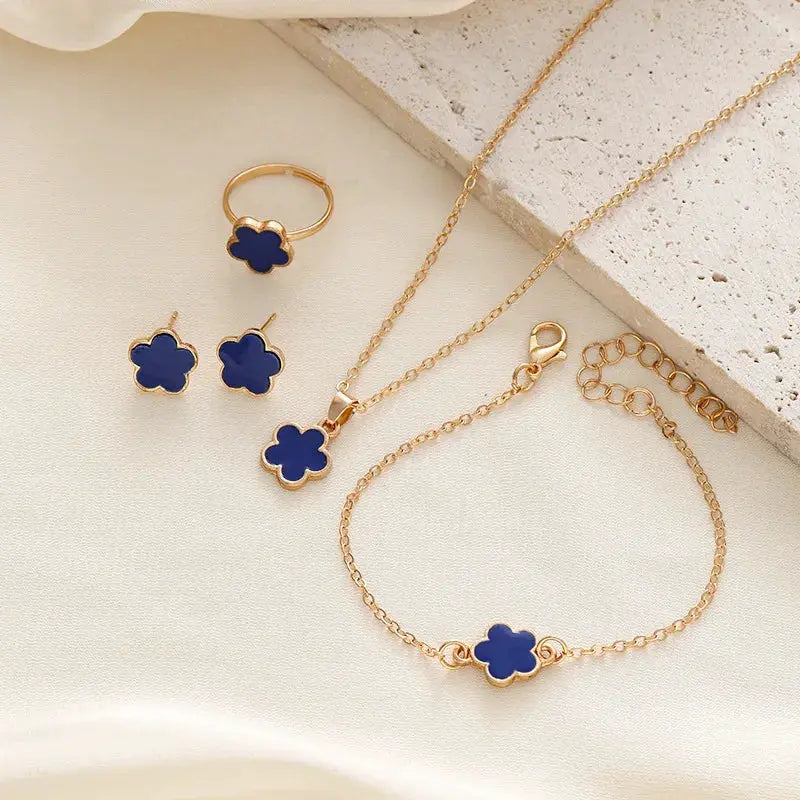 Lucky Clover Five Petal Necklace Earrings Ring Bracelet Set For Women Fashion Accessories Party Jewelry