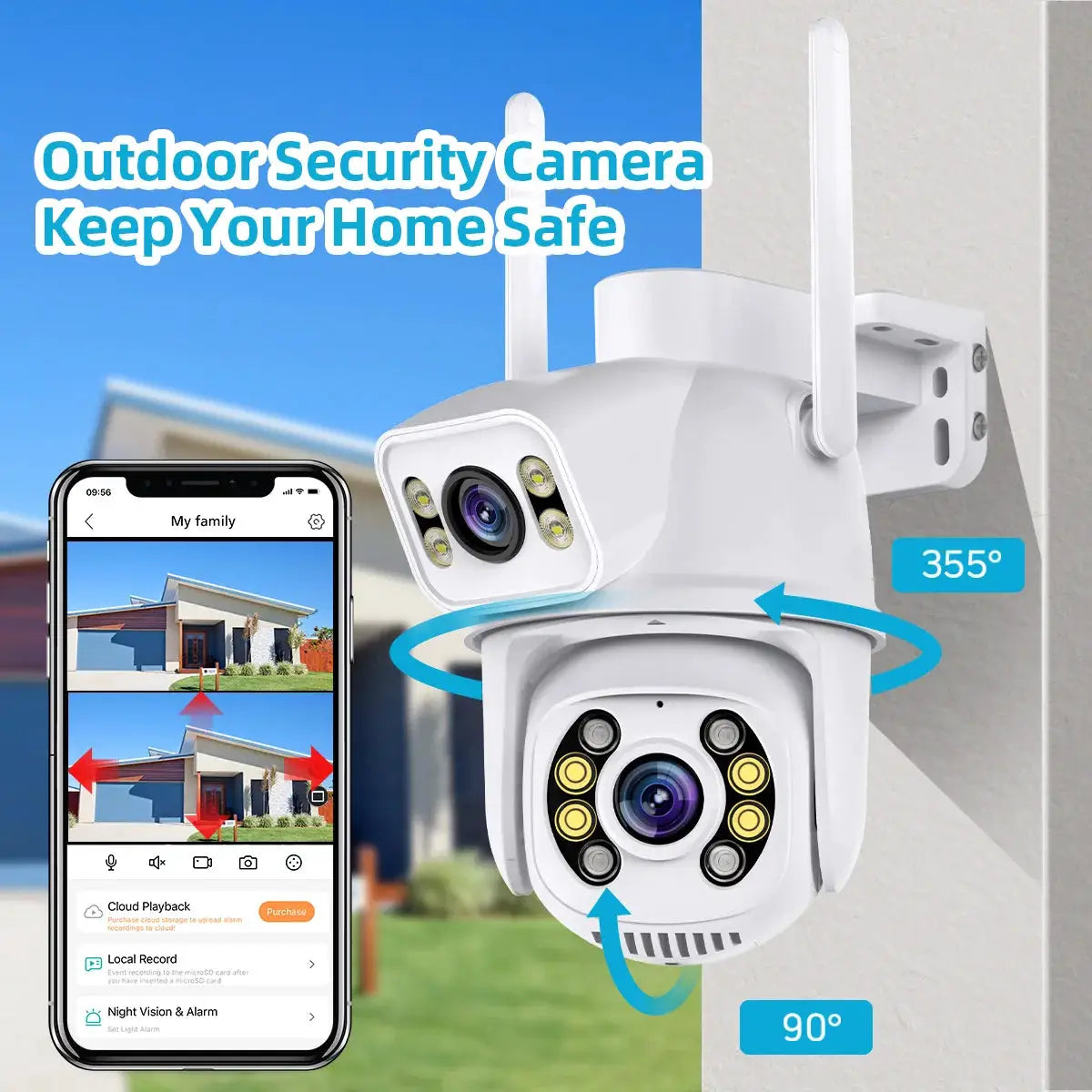 Outdoor wireless IP security camera with dual lenses, 4K/8MP, PTZ and auto-tracking in white housing
