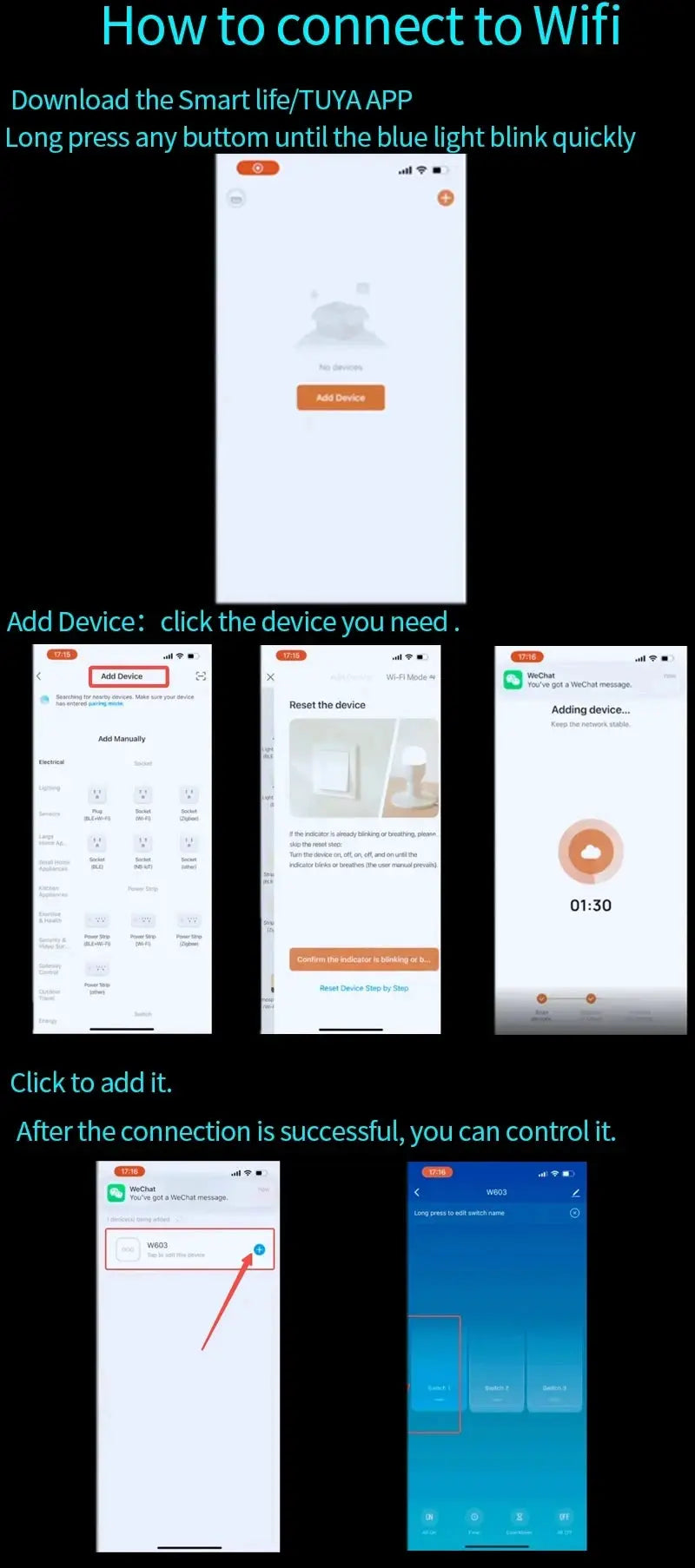 Simples Market RF433 1/2/3/4 Gang US WiFi Smart Wall Switch with Tuya app setup screenshots and device-adding steps