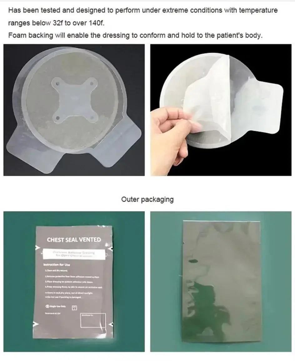 Chest Seal Vented by Simples Market; sterile transparent wound seal with advanced adhesive, shown with packaging