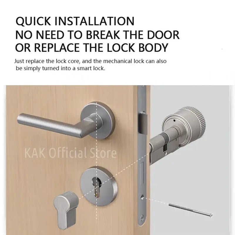 KAK Tuya smart door lock cylinder by Simples Market; silver metal finish with lever handle and deadbolt
