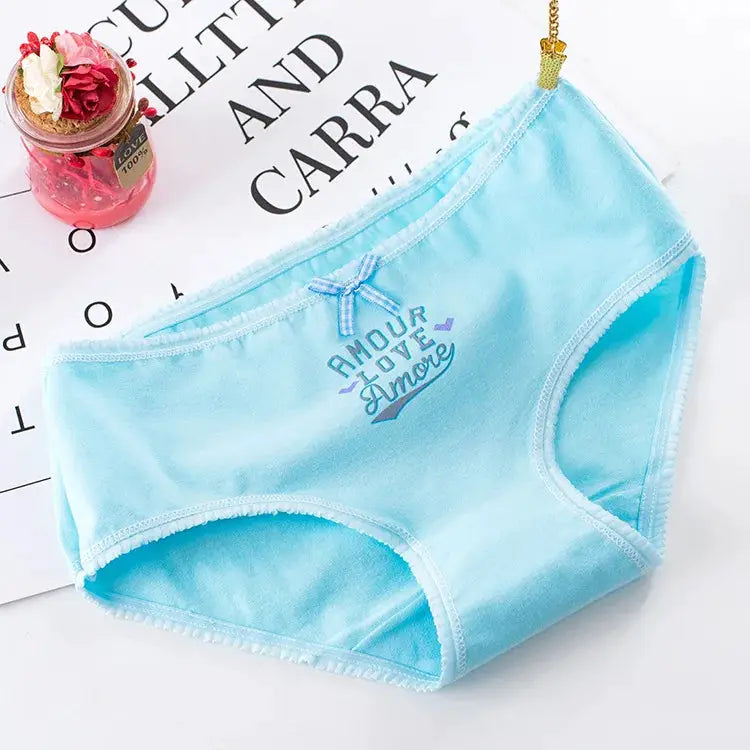 Women's light blue cotton seamless panties with bow detail and Amour Love Amore print.