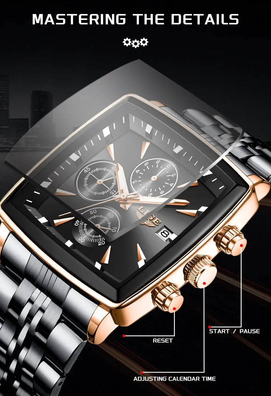 LIGE square-dial men's luxury watch with rose-gold stainless steel bracelet, chronograph, waterproof, with box