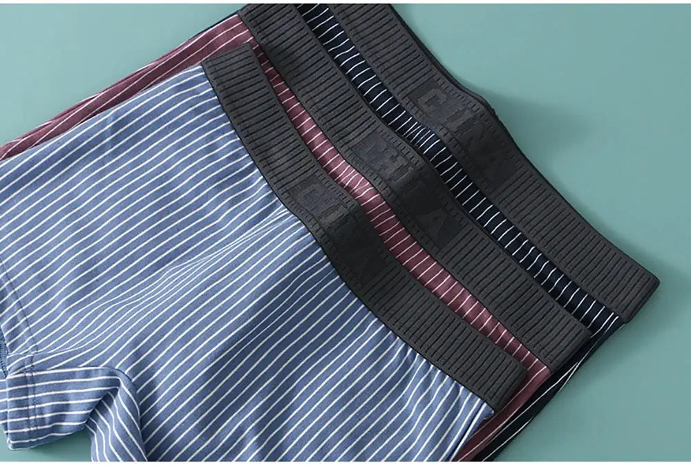 Simples Market 3-pack cotton striped women's boyshorts; mid-rise, breathable elastic waistbands in blue, burgundy, charcoal
