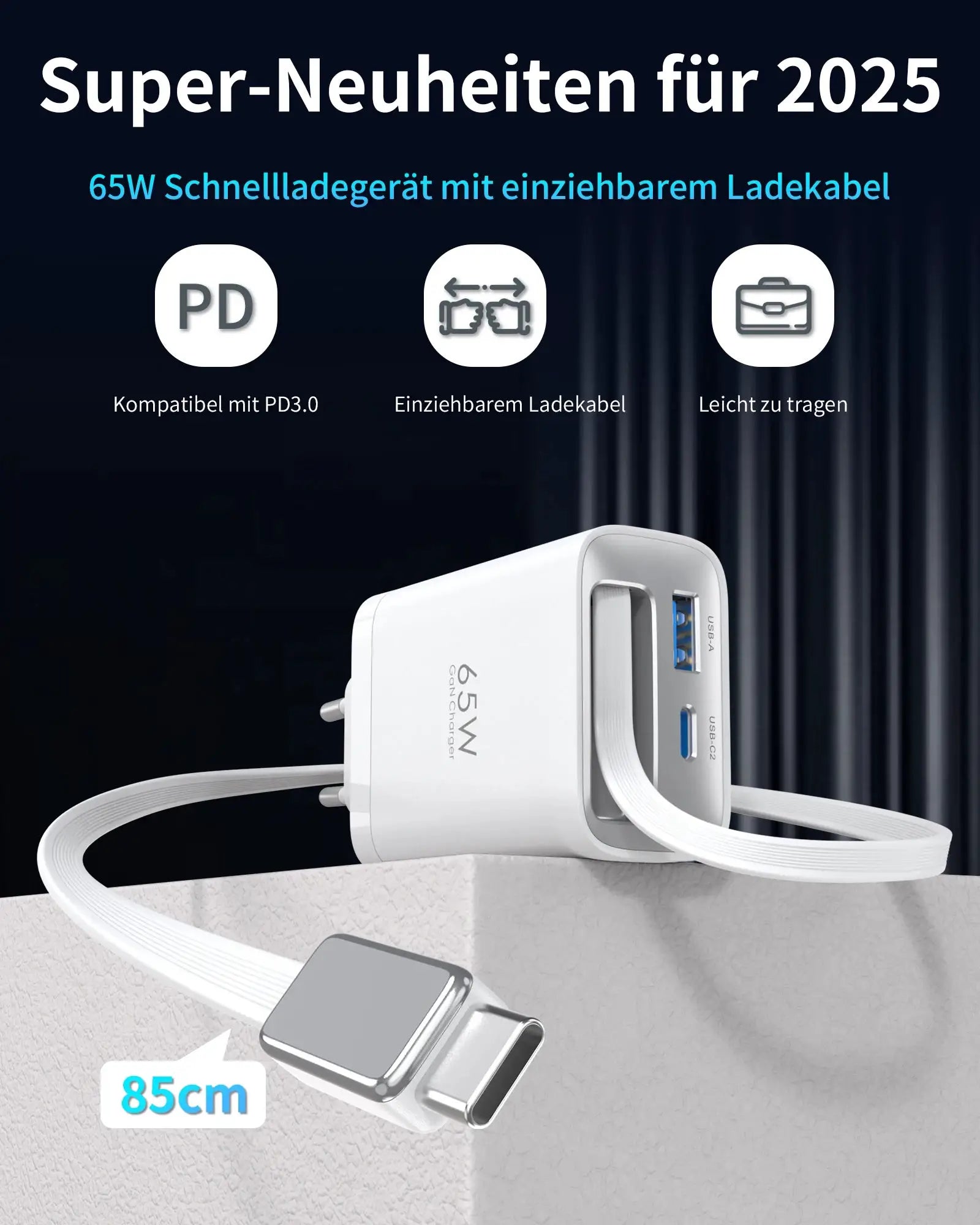 65W GaN PD3.1 fast charger from Simples Market with retractable cable, 3 ports (USB-C x2, USB-A), white