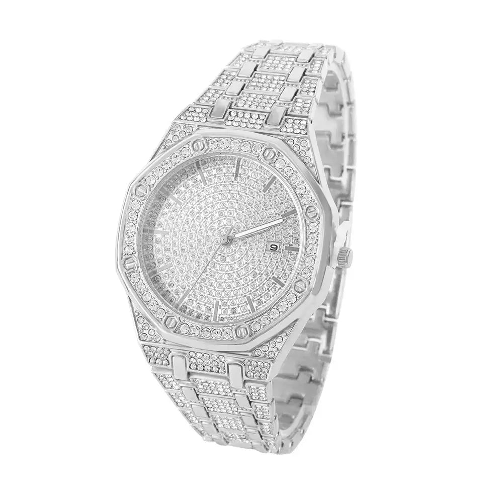 HypeLux Iced Out Mens Gold Watch With 18K Gold Nano Vacuum Plated Finish And Quartz Movement