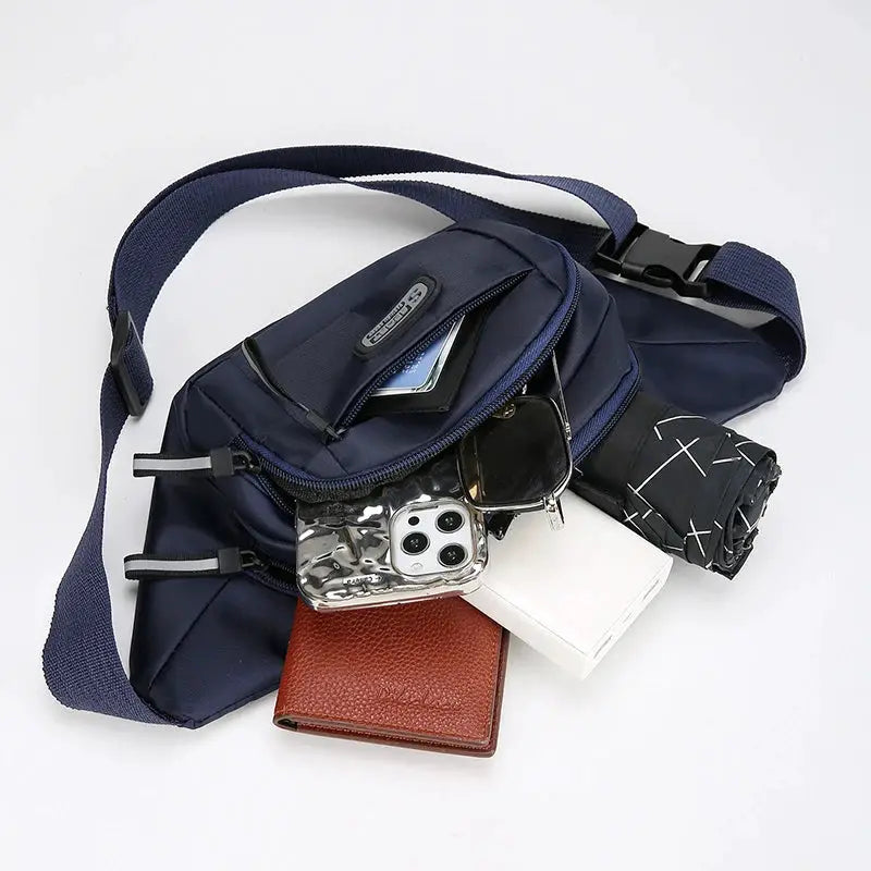 Simples Market men's navy waist bag with adjustable strap, large capacity; holds phone and wallet.