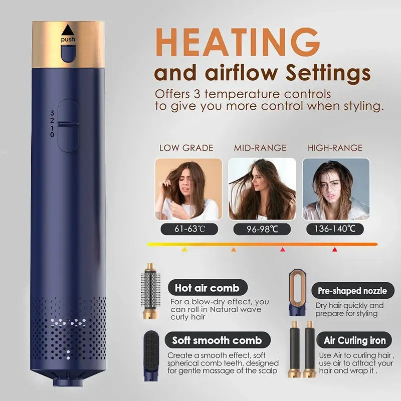 5-in-1 hair styler by Simples Market in blue with gold cap; includes hot air comb, soft smooth comb, air curling iron.