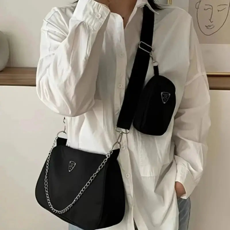VoyageNyl Nylon Shoulder Bag Set Two Piece Solid Color Handbags With Chain Straps For Daily Use And Travel