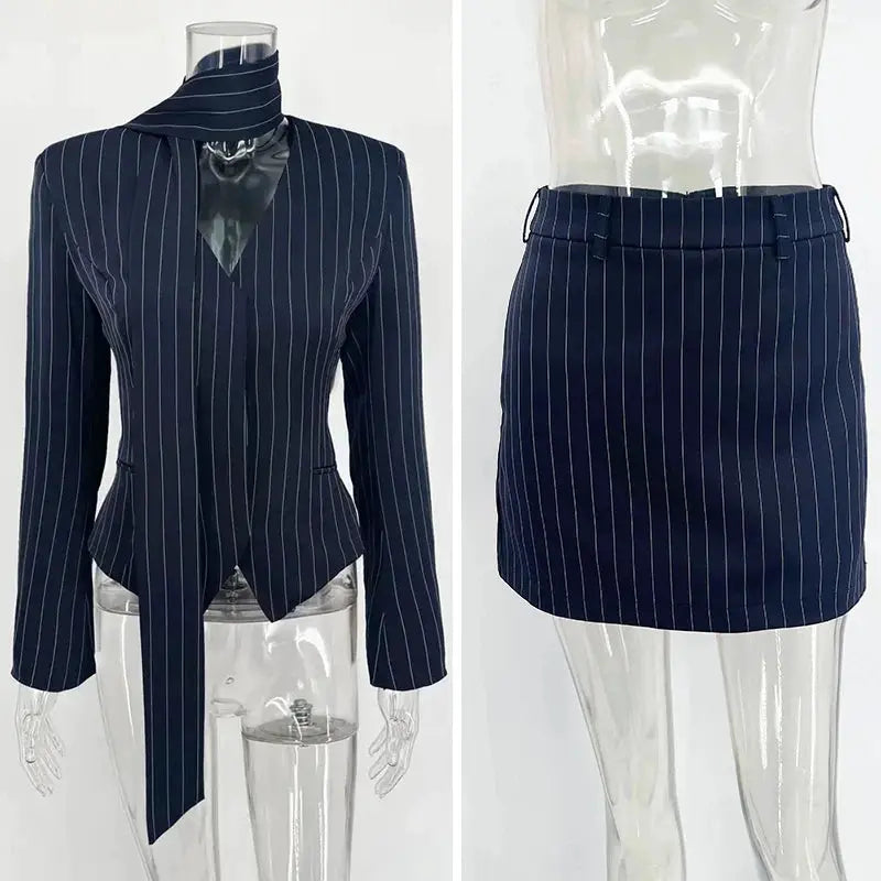 Tuularose 3 Piece Dress Set V Neck Striped Ribbon Blazer Slim Dress