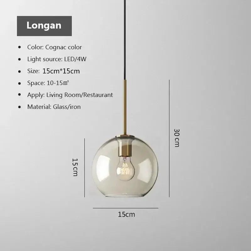 Nordic LED glass chandelier pendant light, cognac glass globe with brass stem, Simples Market Longan