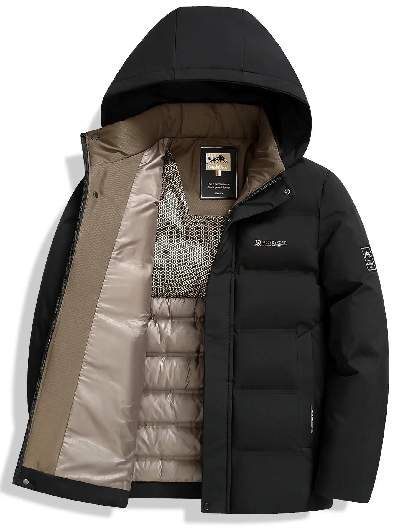 Men's black puffer jacket with hood, beige quilted lining, and inner Luckbird label.