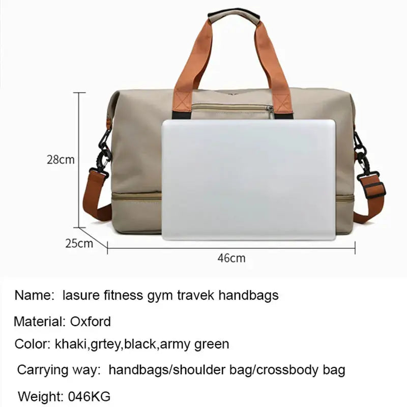 Travel gym bag with top brown handles and detachable strap, khaki Oxford fabric, 46x28x25 cm.