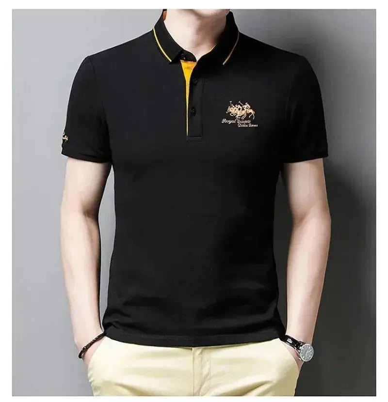 Polo shirt black short-sleeve with yellow collar trim and crest embroidery - Simples Market