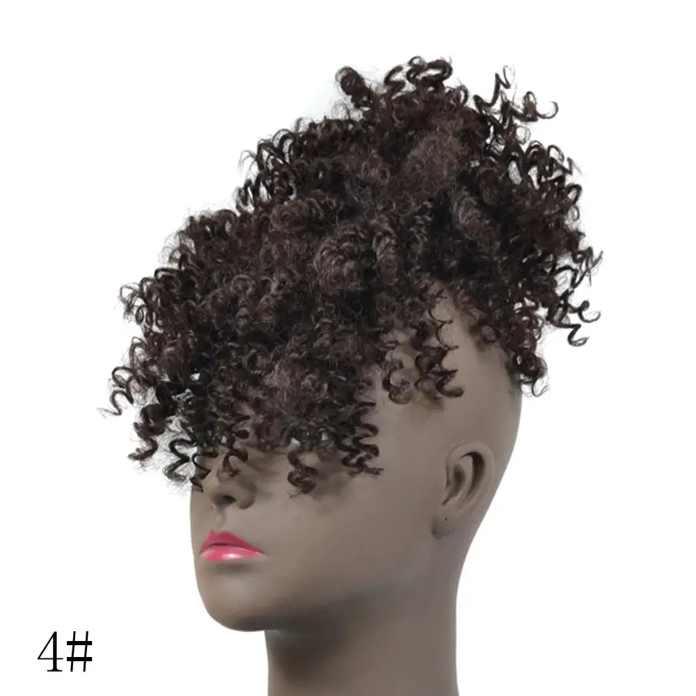 Afro Puff Updo Drawstring Ponytail with Bangs, black kinky curly synthetic wig for women
