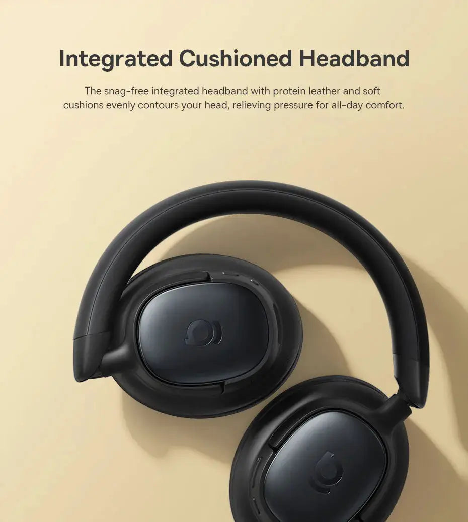 Baseus Bowie MH1 Bluetooth over-ear headphones in black with cushioned ear cups and visible Baseus logo.