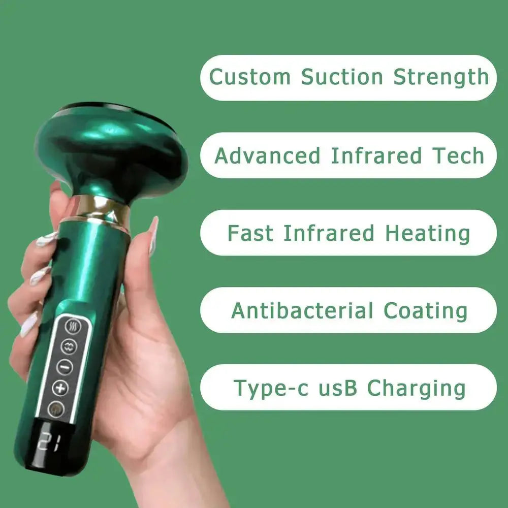 Handheld anti-cellulite massager in green with infrared heating and custom suction strength
