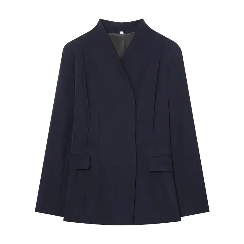 ETJ 2025 women's slim navy blazer with two front flap pockets and open front design